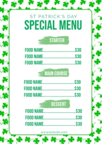 White Modern & Minimal St Patrick Special Menu A4 template