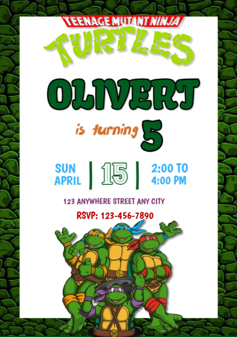 White Modern & Minimal Teenage Mutant Ninja Turtles Birthday Invitation Template  A4