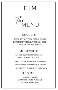 White Modern & Minimal Wedding Menu Template With Monogram, Reception Menu Template Half Page Wide