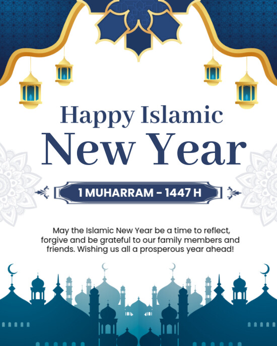 White Modern & Minimal  White And Blue Modern Islamic New Year Instagram Post Instagram Portrait template