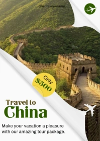 White Modern & Minimal White And Green Modern Travel To China Poster A6 A5 Flyer A4 Instagram post template