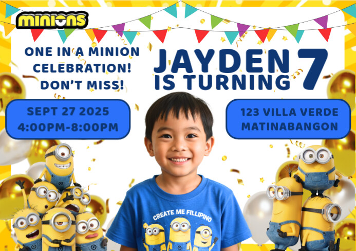 White Modern & Minimal Yellow & Blue Minions 7th Birthday Invitation A5 template