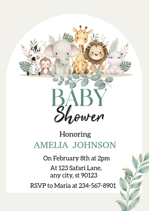 White Modern & Minimal Animal Safari Baby Shower Invitation Template  A4