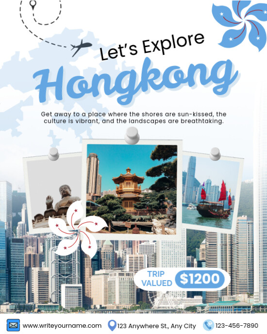 White Modern & Minimal Blue And White Modern Travel To Hongkong Instagram Post Instagram Portrait template