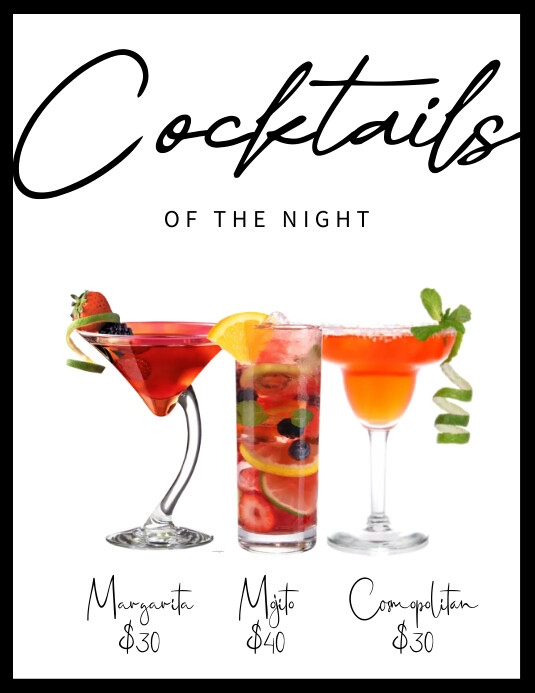 White Modern & Minimal Cocktails Of The Night Ulotka (US Letter) template