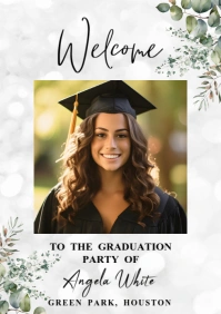 White Modern & Minimal  Floral Graduation With Photo Welcome Sign A1 template