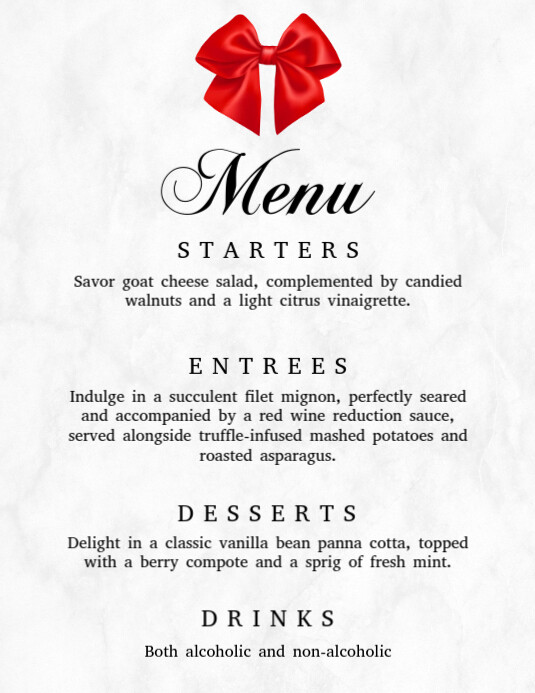 White Modern & Minimal Luxury Menu Card With Red Hand Tied Satin Ribbon Bow Flyer (us Letter) 传单(美国信函) template