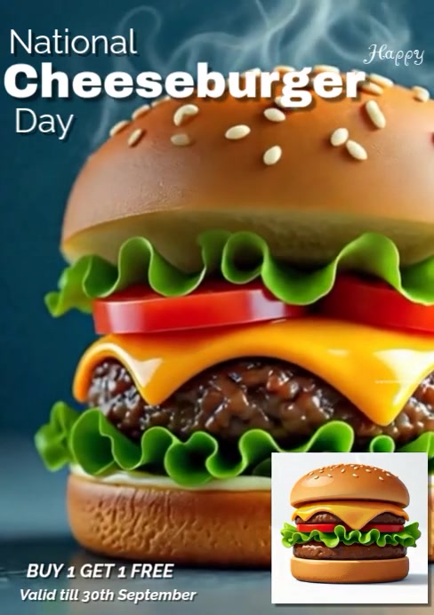 White Modern & Minimal National Cheeseburger Day Buy One Get One Free Offer Flyer A4 template