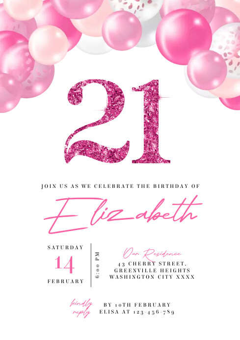 White Modern & Minimal Pink Birthday Invitati A4 template