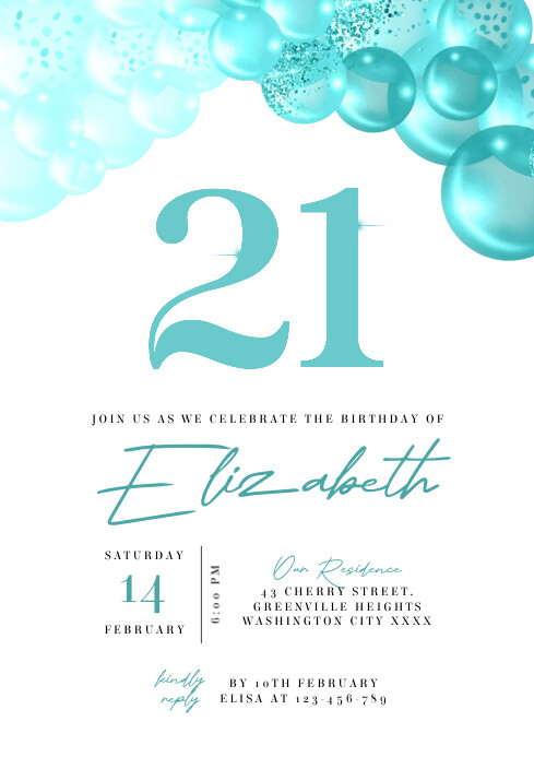 White Modern & Minimal Turquoise Birthday Inv A4 template