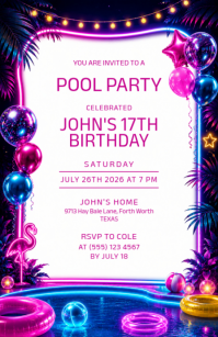 Hvid Pool Party Invitation Halv side bred Template