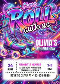 Hvid Roller Skating Birthday Party A6 Template