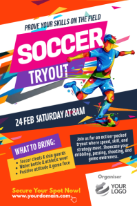 White Orange Colorful Joyful Soccer Tryout Poster Póster template
