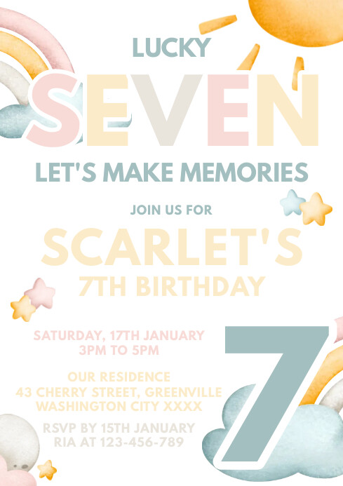 Copy of White Pastel 7th Birthday Invitation A4 | PosterMyWall