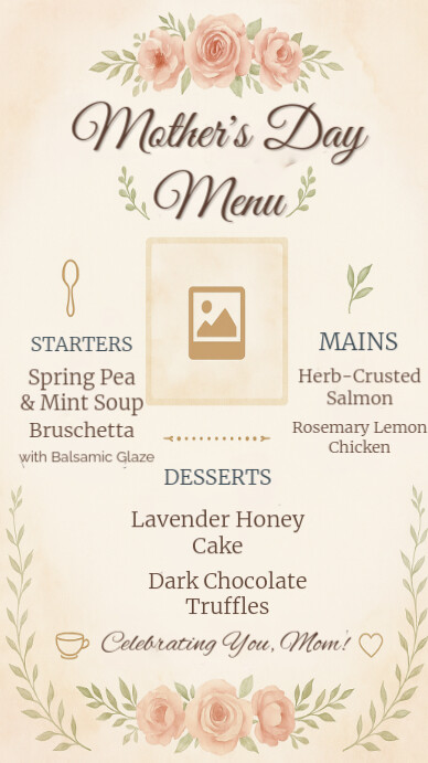 White Pastel Blossom & Brunch: Mother’s Day Elegance Digital Display (9:16) template