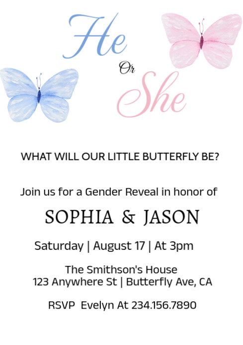 White Pastel Blue & Pink Butterflies Gender Reveal Party Reveal  A4 template