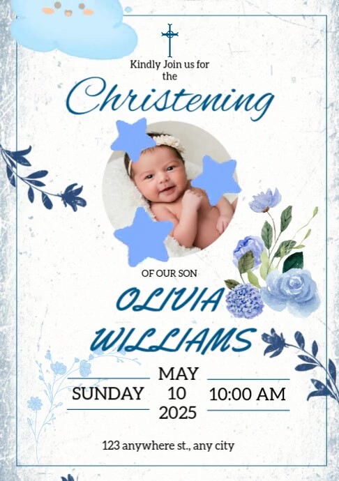 White Pastel Blue Star Christening Invitation A4 template