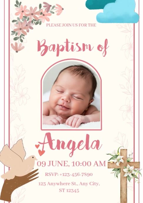 White Pastel Blush Beige Baptism Invitation A4 template
