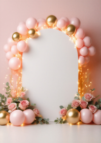 White Pastel Blush Pink And Gold Balloon Arch Photo Backdrop With Roses And Fairy Lights A6 template