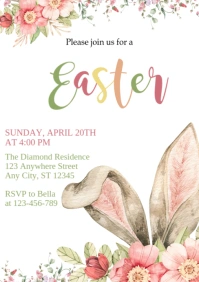 White Pastel Easter Bunny Party Invitation A5 template