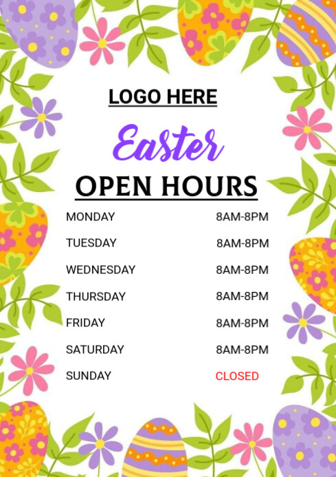 Weekend Opening Hours White pastel easter opening hours a2 Template | PosterMyWall
