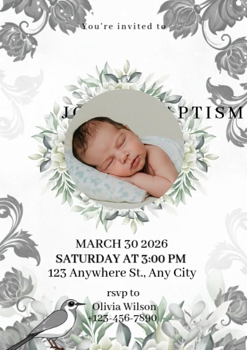 White Pastel Elegant Gray Floral Baptism Invitation Template A4
