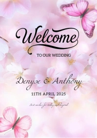 White Pastel Floral Background With Pink Welcome Sign A3 template