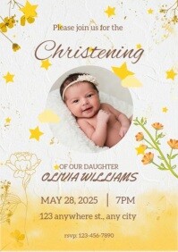 White Pastel Golden Star Christening Invitation A4 template