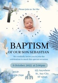 White Pastel Heavenly Blue Baptism Invitation A4 template