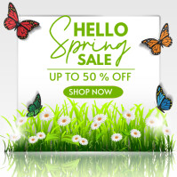 White Pastel Hello Spring Sale 50 % Off Logo template