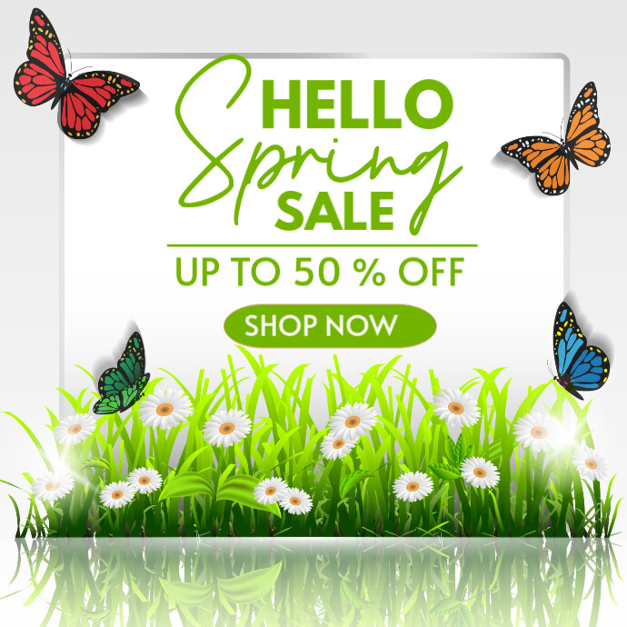 White Pastel Hello Spring Sale 50 % Off Logo template