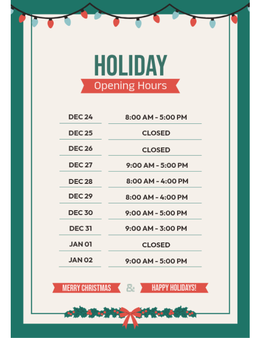Holiday Hours Example White Pastel Holiday Opening Hours Flyer (us Letter) Template ...