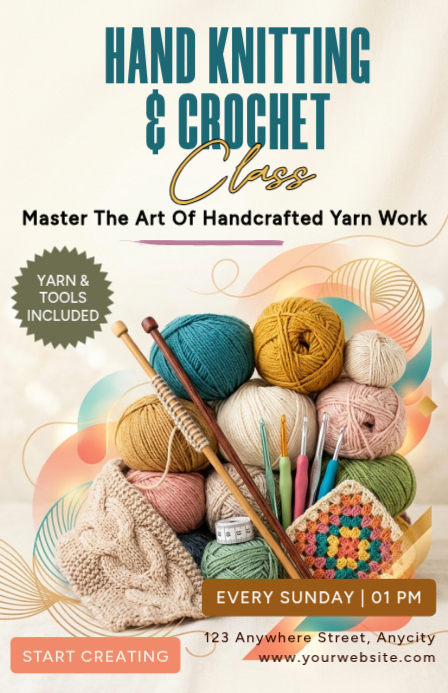 White Pastel Knitting And Crochet Class Tabloid Template | PosterMyWall