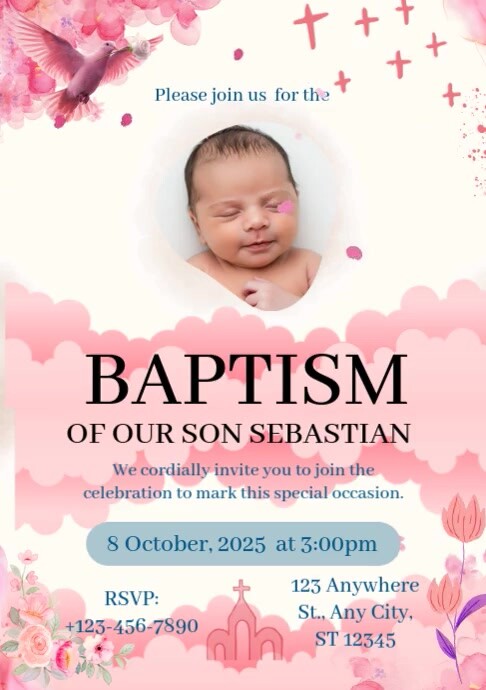 White Pastel Pink Floral Baptism Invitation For Baby Boy A4 template