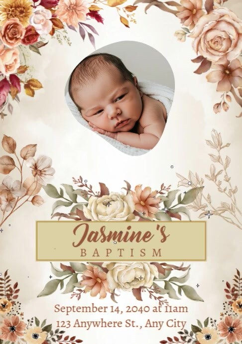 White Pastel Rustic Beige Floral Baptism Invitation Template A4