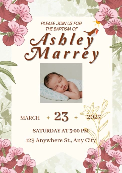 White Pastel Rustic Floral Baptism Invitation Template A4