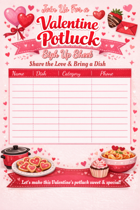 White Pastel Valentine Potluck Sign Up Sheet Poster Template | PosterMyWall