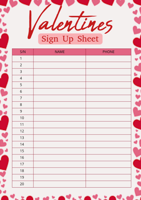 White Pastel Valentine Sign Up Sheet A4 Template | PosterMyWall