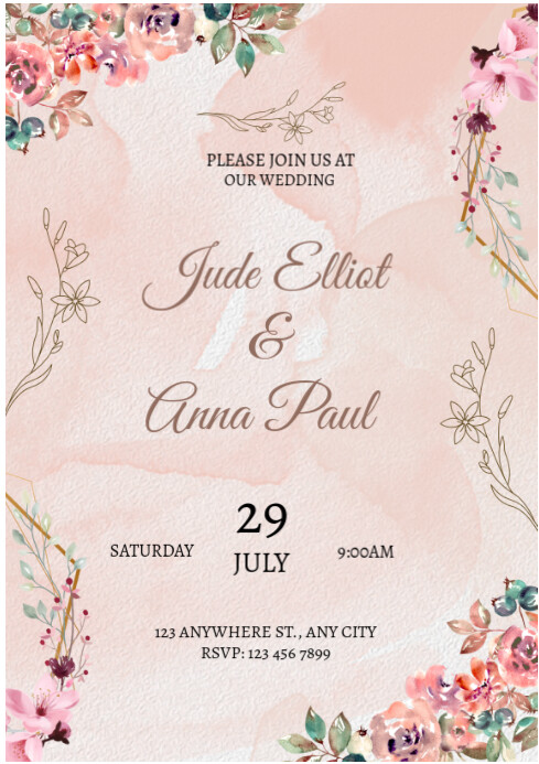 White Pastel Wedding Invitation  A4 template