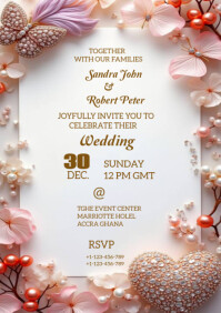 White Pastel Wedding Invitation Card  A4 template