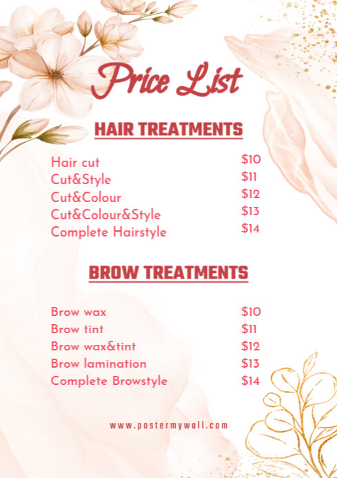 White Pink List-based Price List Hair & Brow Treatments A4 template