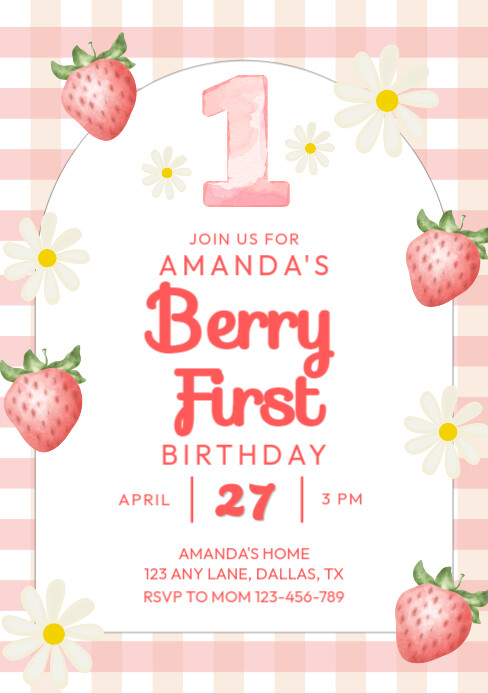 White Pink Pastel Birthday Party Invitation Strawberry Theme Cute And Simple A5 template