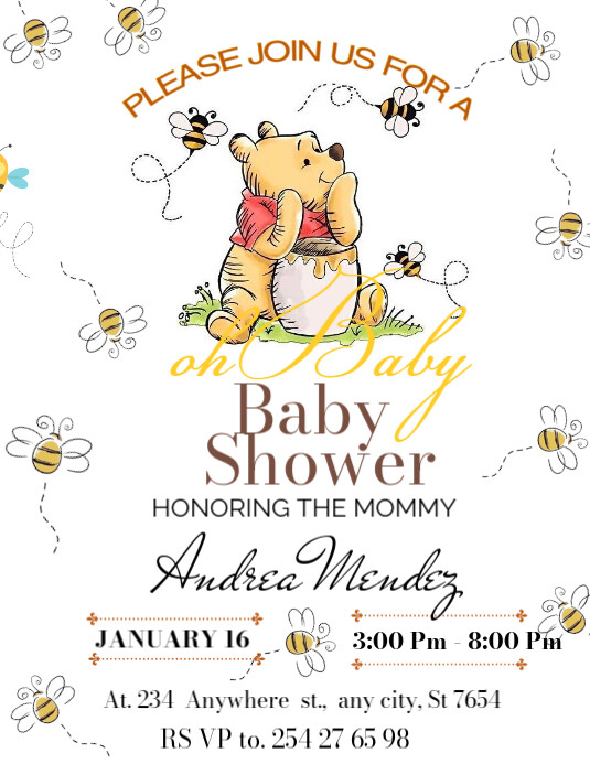 White Pooh  invitation for Baby Shower , Pooh  honoring the momy , Invitation edit Flyer (us Letter) template