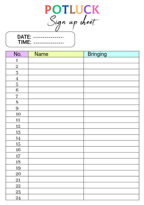 White  Potluck Sign Up Sheet  A2 template