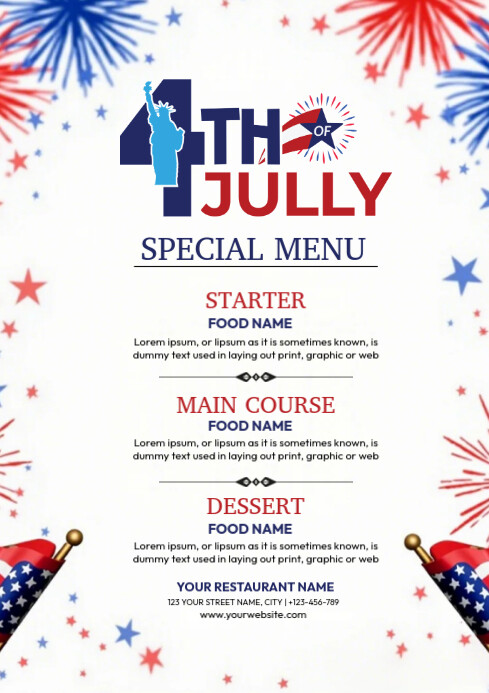 White Professional 4th July Menu Template Design A4