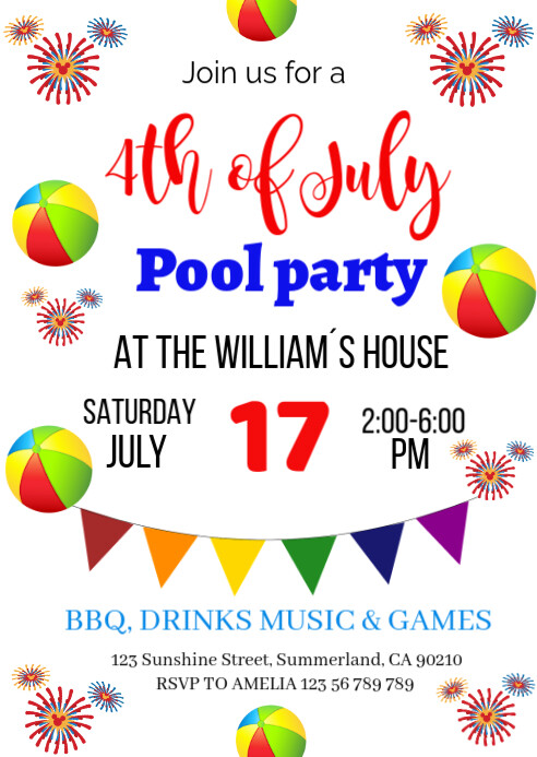 White Professional 4th Of July Pool Party  A6 template