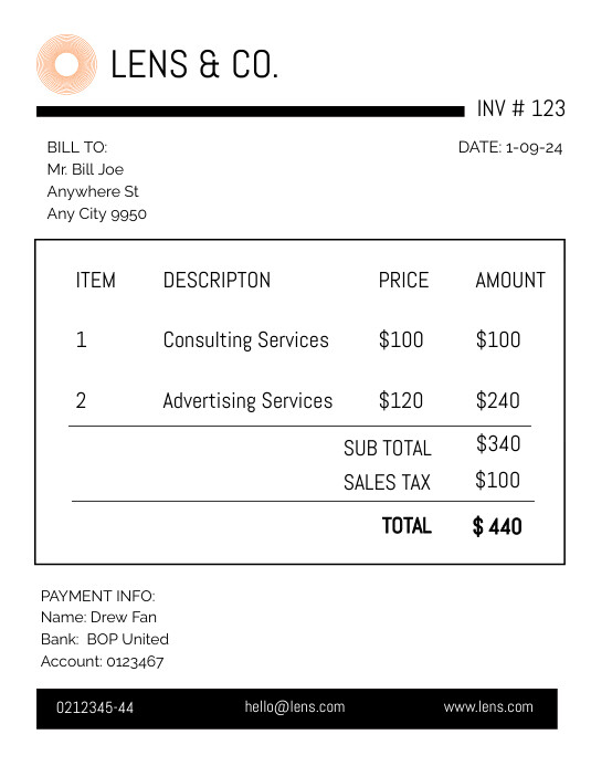 Copy of White Professional Black And White Invoice Fl | PosterMyWall