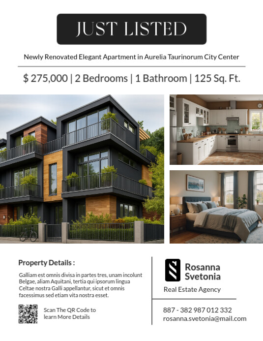 White Professional Black And White Modern Minimal Just Listed Real Estate Flyer Advertising 2025 202 Folheto (US Letter) template