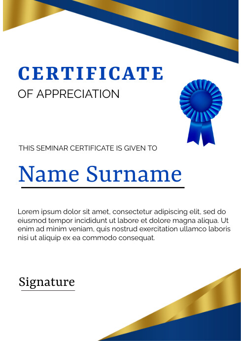 White Professional Blue Modern Seminar Certif Template | PosterMyWall