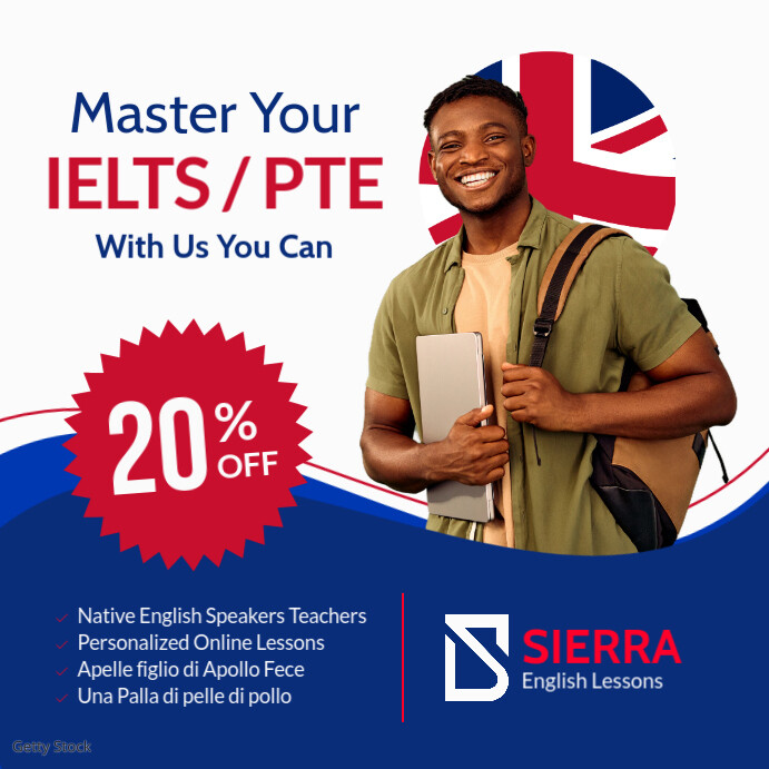 White Professional Blue White And Red English Online School | Master Your Ielts Pte Coaching Adverti Instagram Plasing template